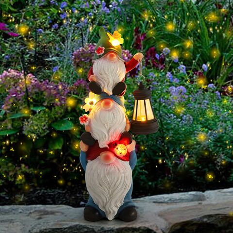 Luces solares de jardín al por mayor, estatua de gnomos apilados con ranas, estatua de gnomos solares de poliresina para decoración exterior