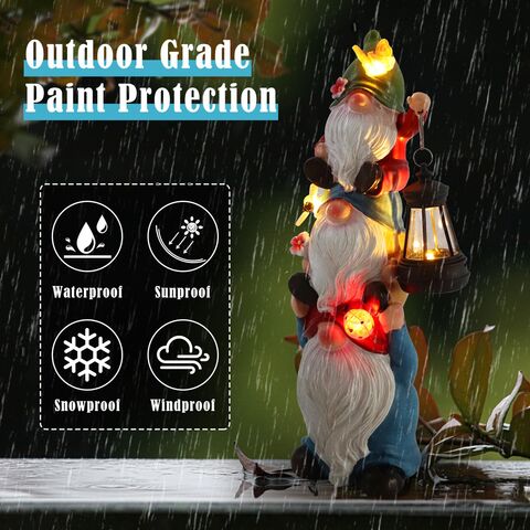 Luces solares de jardín al por mayor, estatua de gnomos apilados con ranas, estatua de gnomos solares de poliresina para decoración exterior