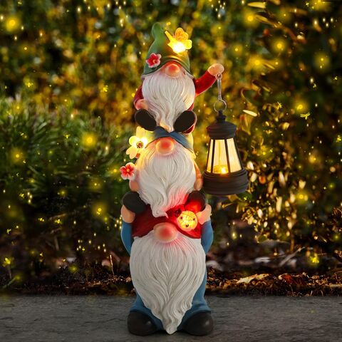Luces solares de jardín al por mayor, estatua de gnomos apilados con ranas, estatua de gnomos solares de poliresina para decoración exterior