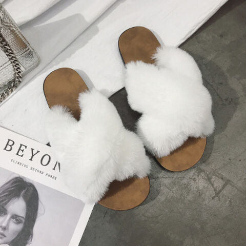 Summer for women faux mink fur pantoufle slippers for ladies soft without heels false flat slippers