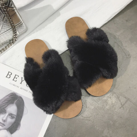 Summer for women faux mink fur pantoufle slippers for ladies soft without heels false flat slippers