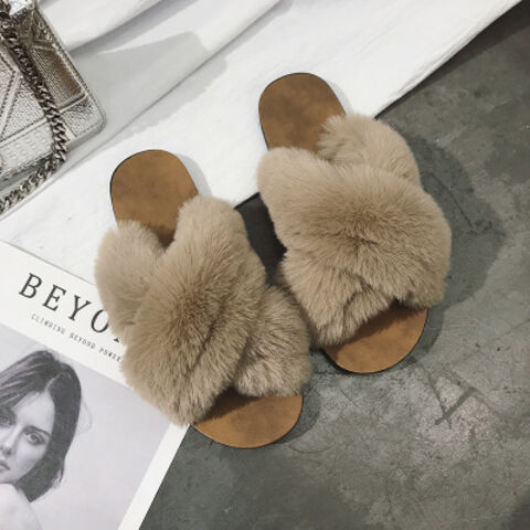Summer for women faux mink fur pantoufle slippers for ladies soft without heels false flat slippers
