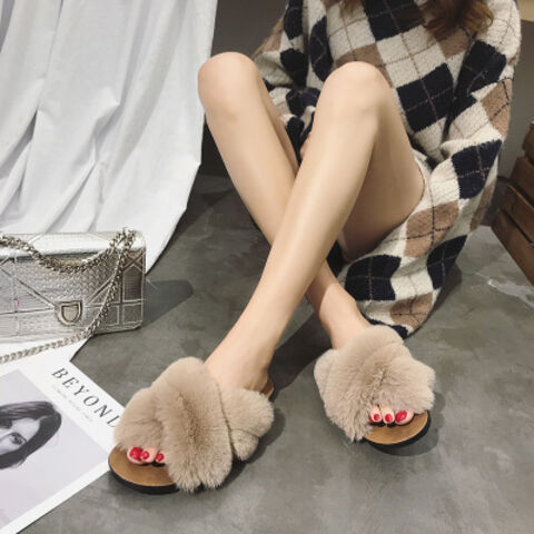 Summer for women faux mink fur pantoufle slippers for ladies soft without heels false flat slippers