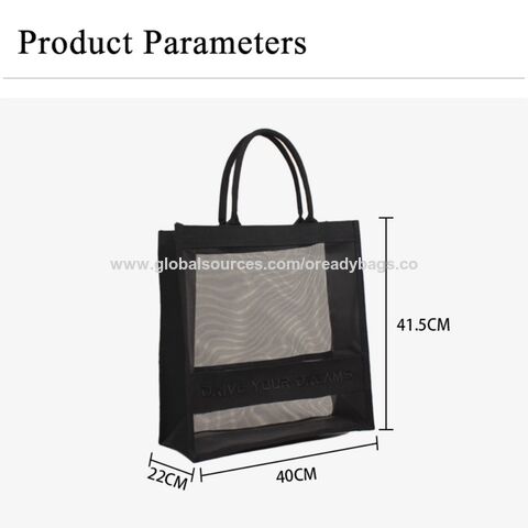 Bolsa de playa de diseño de moda al por mayor, bolsa de compras de malla negra, fabricante de bolsas con logotipo bordado personalizado