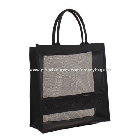 Bolsa de playa de diseño de moda al por mayor, bolsa de compras de malla negra, fabricante de bolsas con logotipo bordado personalizado