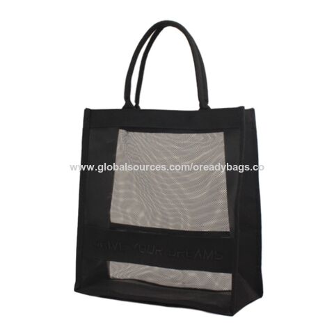 Bolsa de playa de diseño de moda al por mayor, bolsa de compras de malla negra, fabricante de bolsas con logotipo bordado personalizado