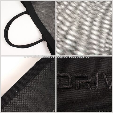 Bolsa de playa de diseño de moda al por mayor, bolsa de compras de malla negra, fabricante de bolsas con logotipo bordado personalizado
