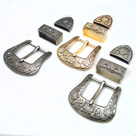 Conjunto de Fivelas de Cinto Western Cowboy de 3 Peças Masculino 30MM Metal Latão Antigo Gravado Floral Presilha e Ponteira