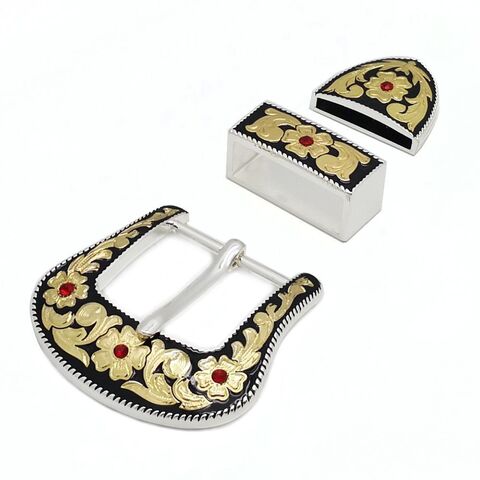 Conjunto de Fivelas de Cinto Western Cowboy de 3 Peças Masculino 30MM Metal Latão Antigo Gravado Floral Presilha e Ponteira
