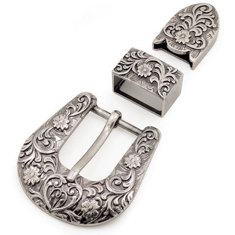 Conjunto de Fivelas de Cinto Western Cowboy de 3 Peças Masculino 30MM Metal Latão Antigo Gravado Floral Presilha e Ponteira
