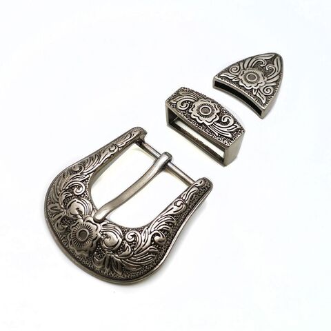 Conjunto de Fivelas de Cinto Western Cowboy de 3 Peças Masculino 30MM Metal Latão Antigo Gravado Floral Presilha e Ponteira