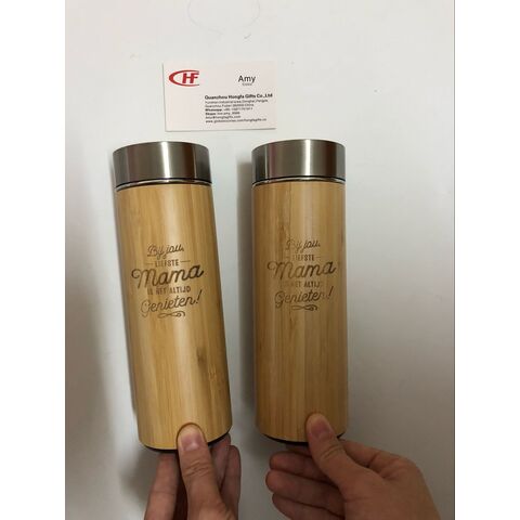 Garrafa térmica a vácuo de parede dupla em bambu e aço inoxidável