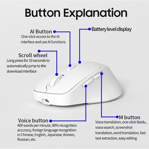 Souris Bluetooth sans fil intelligente avec saisie vocale IA, traduction Internet et recherche
