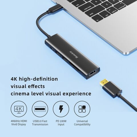Estação de Acoplamento Hub USB-C 6 em 1 de Alumínio HuntKey - USB 3.0/1 USB-C (5G+PD100W) / HDMI/ SD/ TF