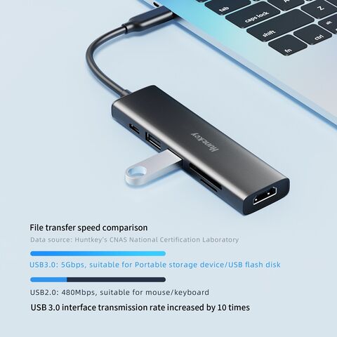 Estação de Acoplamento Hub USB-C 6 em 1 de Alumínio HuntKey - USB 3.0/1 USB-C (5G+PD100W) / HDMI/ SD/ TF