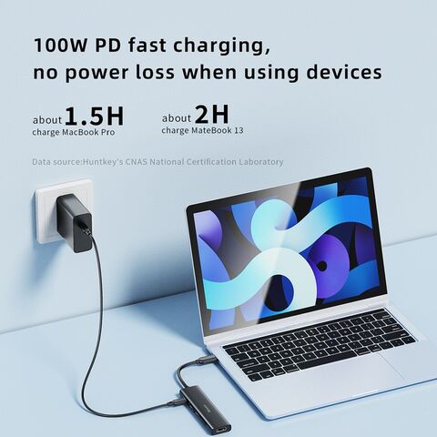 Estação de Acoplamento Hub USB-C 6 em 1 de Alumínio HuntKey - USB 3.0/1 USB-C (5G+PD100W) / HDMI/ SD/ TF