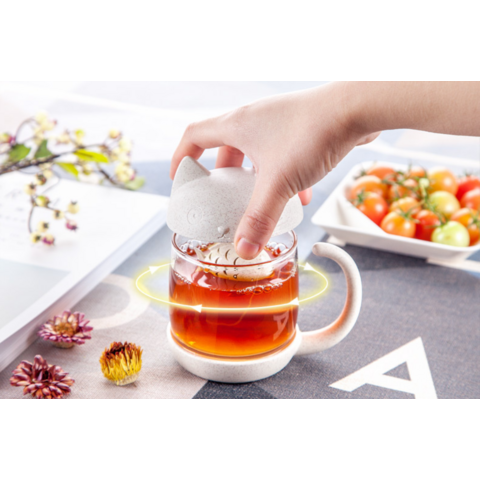 كوب زجاج قطة كرتون لطيف مع غطاء - كوب شاي قطة لطيف بتصميم مرح مع مرشح للشاي
