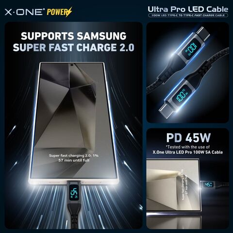 Cable X.One Ultra Pro PD 100W USB-C a USB-C con LED Digital para Carga Rápida, Compatible con SFC 2.0 para iPhone 15/16