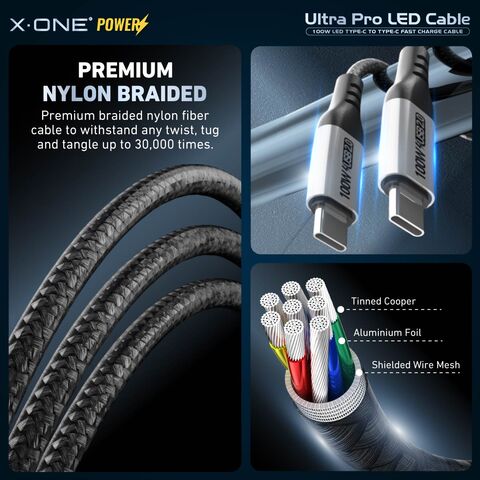 Cable X.One Ultra Pro PD 100W USB-C a USB-C con LED Digital para Carga Rápida, Compatible con SFC 2.0 para iPhone 15/16
