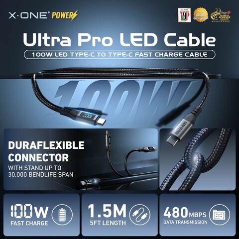 Cable X.One Ultra Pro PD 100W USB-C a USB-C con LED Digital para Carga Rápida, Compatible con SFC 2.0 para iPhone 15/16