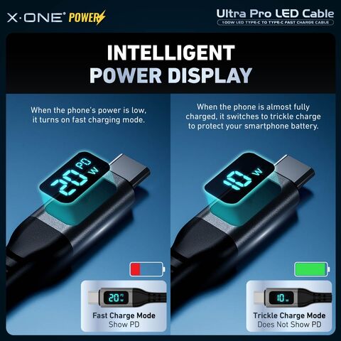 Cable X.One Ultra Pro PD 100W USB-C a USB-C con LED Digital para Carga Rápida, Compatible con SFC 2.0 para iPhone 15/16