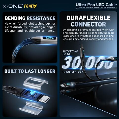 Cable X.One Ultra Pro PD 100W USB-C a USB-C con LED Digital para Carga Rápida, Compatible con SFC 2.0 para iPhone 15/16