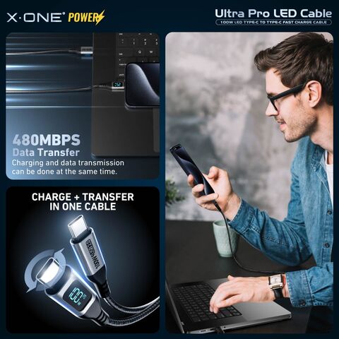 Cable X.One Ultra Pro PD 100W USB-C a USB-C con LED Digital para Carga Rápida, Compatible con SFC 2.0 para iPhone 15/16