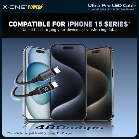 Cable X.One Ultra Pro PD 100W USB-C a USB-C con LED Digital para Carga Rápida, Compatible con SFC 2.0 para iPhone 15/16