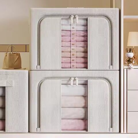 Boîte de Rangement Pliable en Tissu Grande Capacité avec Cadre en Acier, Tissu Épais en Coton et Lin, Vente en Gros