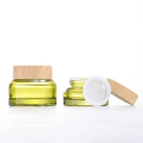 Kosmetikbehälter Leerer, transparenter, grüner, bernsteinfarbener Glascremetiegel mit Bambusdruckdeckel 15g 30g 50g
