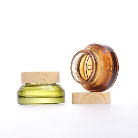Kosmetikbehälter Leerer, transparenter, grüner, bernsteinfarbener Glascremetiegel mit Bambusdruckdeckel 15g 30g 50g