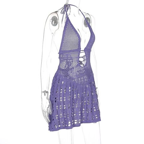 Vestido de playa de ganchillo para mujer, escote en V profundo, halter, mini, traje de baño, cubierta, vestido de playa, OEM ODM, trajes de baño