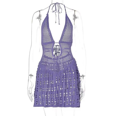 Vestido de playa de ganchillo para mujer, escote en V profundo, halter, mini, traje de baño, cubierta, vestido de playa, OEM ODM, trajes de baño