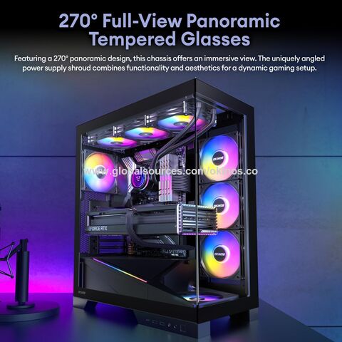 Okinos Aqua 9, caja de PC ATX, 5 × 120mm ARGB PWM ventilador preinstalado, radiador doble de 360mm, placa base compatible con conexión posterior, negro