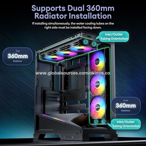 Okinos Aqua 9, caja de PC ATX, 5 × 120mm ARGB PWM ventilador preinstalado, radiador doble de 360mm, placa base compatible con conexión posterior, negro