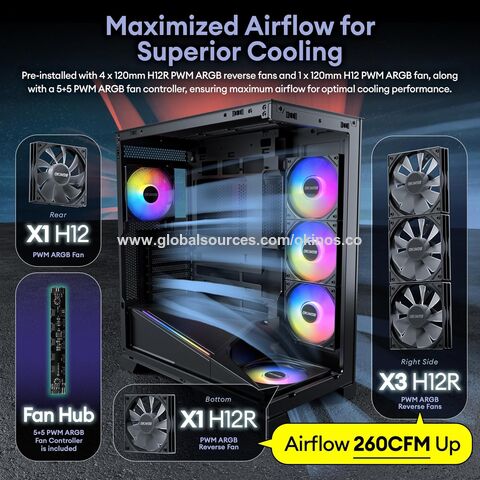 Okinos Aqua 9, caja de PC ATX, 5 × 120mm ARGB PWM ventilador preinstalado, radiador doble de 360mm, placa base compatible con conexión posterior, negro