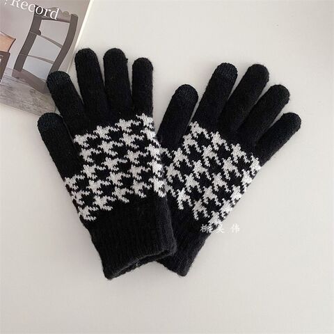Gants d'hiver chauds pour femmes avec doublure douce, motif pied-de-poule jacquard classique vintage (noir, blanc, gris), extensibles et compatibles avec les écrans tactiles - Gants de mode en gros