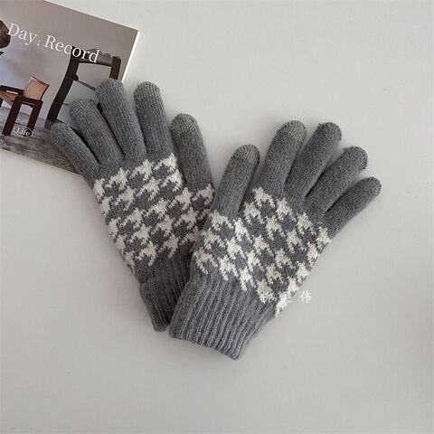 Gants d'hiver chauds pour femmes avec doublure douce, motif pied-de-poule jacquard classique vintage (noir, blanc, gris), extensibles et compatibles avec les écrans tactiles - Gants de mode en gros