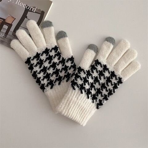 Gants d'hiver chauds pour femmes avec doublure douce, motif pied-de-poule jacquard classique vintage (noir, blanc, gris), extensibles et compatibles avec les écrans tactiles - Gants de mode en gros