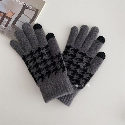 Gants d'hiver chauds pour femmes avec doublure douce, motif pied-de-poule jacquard classique vintage (noir, blanc, gris), extensibles et compatibles avec les écrans tactiles - Gants de mode en gros