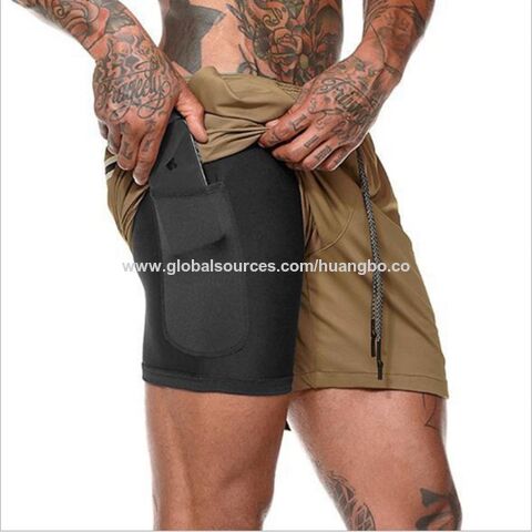 Pantalones cortos dobles de compresión para hombre, color sólido, para fitness, ejercicio, entrenamiento, baloncesto, pantalones de cinco puntos para hombre