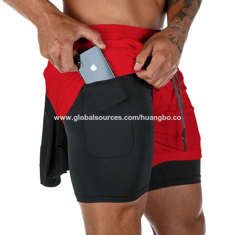 Pantalones cortos dobles de compresión para hombre, color sólido, para fitness, ejercicio, entrenamiento, baloncesto, pantalones de cinco puntos para hombre