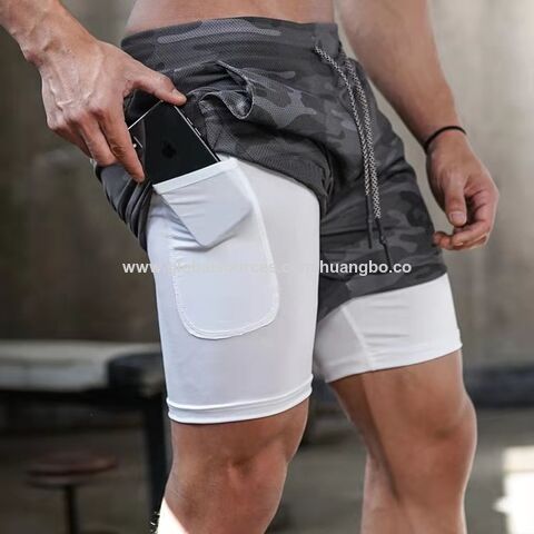 Pantalones cortos dobles de compresión para hombre, color sólido, para fitness, ejercicio, entrenamiento, baloncesto, pantalones de cinco puntos para hombre