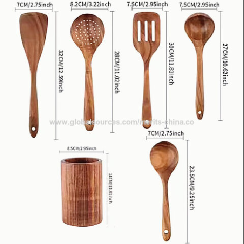 Juego de 5 cucharas de madera con soporte para cocinar, utensilios de cocina de madera, juego de espátula, volteador, espumadera y cuchara ranurada no tóxicos