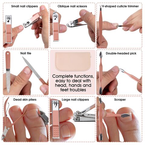Set de manucure portable 12 en 1 en acier inoxydable martensitique or rose avec étui en cuir rose - Coupe-ongles et outils de beauté professionnels