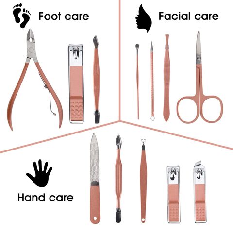 Set de manucure portable 12 en 1 en acier inoxydable martensitique or rose avec étui en cuir rose - Coupe-ongles et outils de beauté professionnels