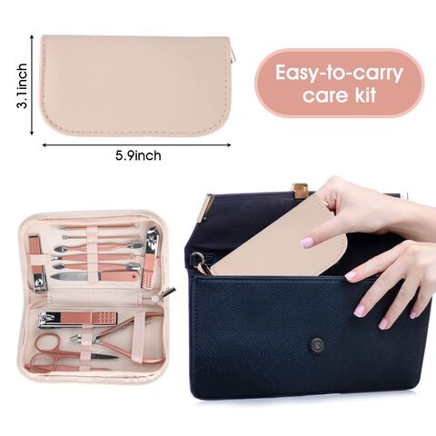Set de manucure portable 12 en 1 en acier inoxydable martensitique or rose avec étui en cuir rose - Coupe-ongles et outils de beauté professionnels