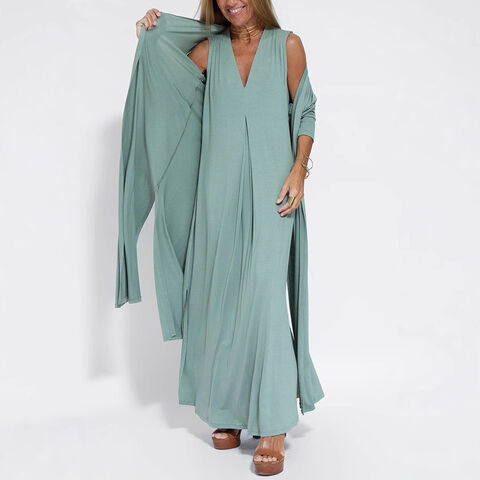 Vestido Maxi Feminino, Cor Sólida, Sexy, Decote em V, Irregular, Babados, Sem Mangas, Casual, Solto, Liso, Casaco Cardigan Longo