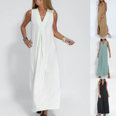 Vestido Maxi Feminino, Cor Sólida, Sexy, Decote em V, Irregular, Babados, Sem Mangas, Casual, Solto, Liso, Casaco Cardigan Longo
