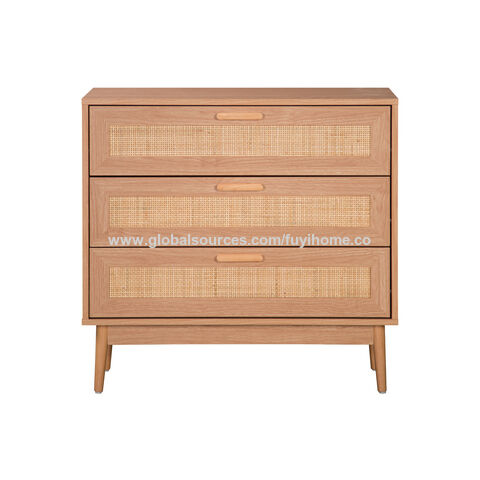 Kommode mit 3 Schubladen, Rattan-Kommode für Schlafzimmer, Boho-Holzschränke zur Aufbewahrung, Eck-Nachttisch für Schlafzimmer, Wohnzimmer, Eingangsbereich